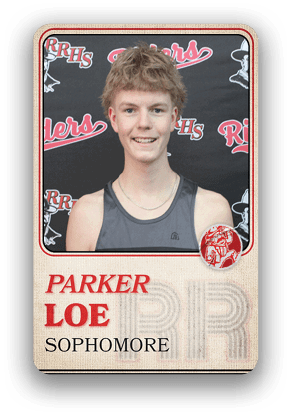 Person with short curly hair wearing a sleeveless athletic shirt and two thin necklaces standing in front of a backdrop with repeated text and logos, with the name Parker Loe and the word sophomore displayed below. Description generated by AI