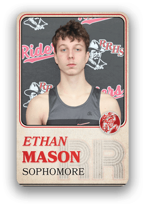 Person with short curly hair wearing a sleeveless athletic shirt is shown in a sports card style frame with the name Ethan Mason and the word sophomore. Description generated by AI