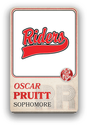 A sports card featuring the word Riders in red script with a red underline, and the name Oscar Pruitt labeled as a sophomore below. Description generated by AI