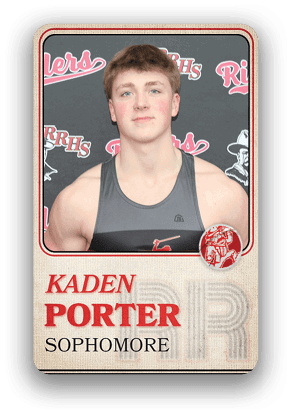 Person wearing a sleeveless athletic top posing in front of a backdrop with the text “RRHS" and "Riders" with the name Kaden Porter and the word Sophomore displayed below. Description generated by AI