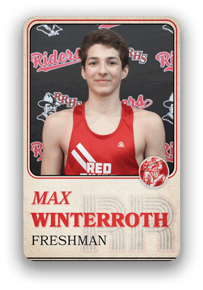 Person wearing a red athletic tank top with the word “RED" and a logo, standing in front of a backdrop with "Riders" and "RRHS" text, labeled as Max Winterroth, Freshman. Description generated by AI