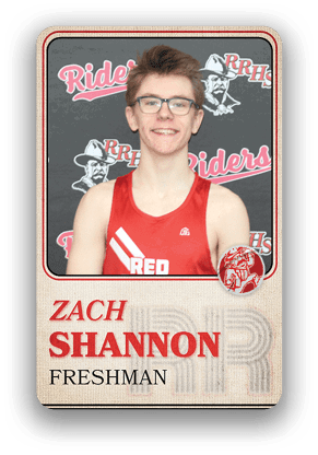 A person wearing a red athletic tank top with the word “RED" on it is shown in a sports card style frame labeled with the name Zach Shannon and the word Freshman, with a background featuring the text "Riders" and a mascot logo. Description generated by AI