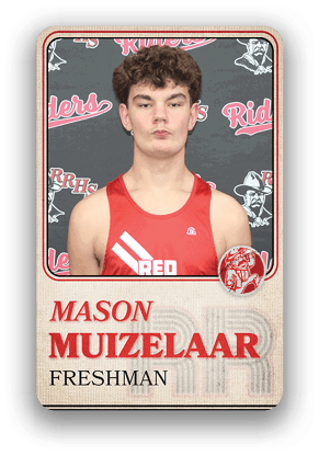 Person wearing a red athletic tank top with the word “RED" on it standing in front of a backdrop with the word "Riders" and a mascot logo, with text below identifying them as Mason Muizelaar, a freshman. Description generated by AI