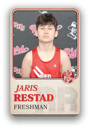 A person wearing a red sports jersey with the name Jaris Restad and the label Freshman is posed in front of a backdrop with the letters RHS and the word Riders. Description generated by AI
