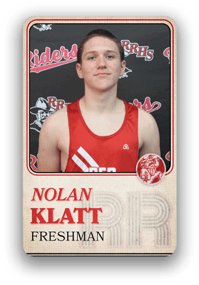 A person wearing a red sports jersey with the name Nolan Klatt and the word Freshman displayed below on a sports team card background. Description generated by AI