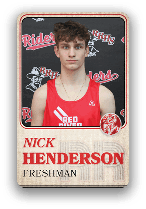 Person wearing a red athletic tank top with “Red River" text stands in front of a backdrop featuring "RRHS Riders" logos and text, with the name "Nick Henderson" and "Freshman" displayed below. Description generated by AI