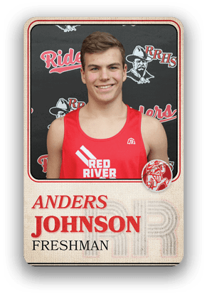 Person wearing a red athletic tank top with “Red River" text standing in front of a backdrop featuring "RRHS" and "Riders" logos, with a sports card-style frame displaying the name Anders Johnson and the word Freshman. Description generated by AI