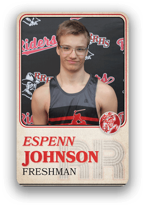 A person wearing a sleeveless sports jersey with a red and black design stands in front of a backdrop with the word “Riders" and a logo, with text below identifying them as Espenn Johnson, a freshman. Description generated by AI