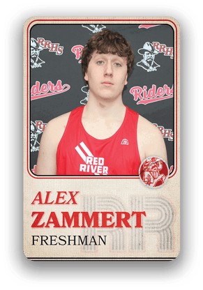 A person wearing a red athletic tank top with “Red River" written on it is posed in front of a backdrop featuring the letters RRHS and the word Riders, with the name Alex Zammert and the word Freshman displayed below. Description generated by AI