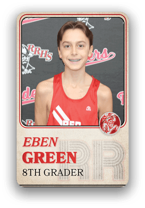 A person wearing a red sports jersey with the name Eben Green and the label 8th Grader on a card-style background with a sports team logo. Description generated by AI