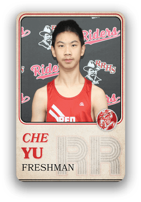 A person wearing a red athletic tank top with the word “RED" stands in front of a backdrop featuring the text "Riders" and "RRHS" with a cowboy mascot, labeled as a freshman named Che Yu. Description generated by AI