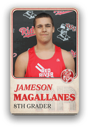 Person wearing a red athletic tank top with “Red River" printed on it is shown in a sports team photo with the name Jameson Magallanes and grade level 8th grader displayed below. Description generated by AI