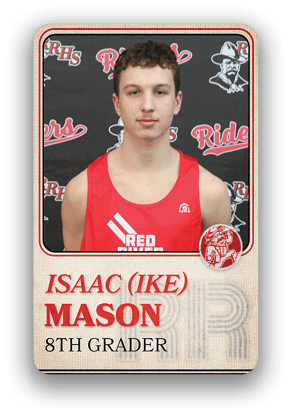 A person wearing a red sports jersey with the text “RED RIVERS" stands in front of a backdrop with logos and the text "ISAAC (IKE) MASON 8TH GRADER" is displayed below. Description generated by AI