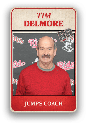A senior person wearing a red sweater stands in front of a backdrop with “Riders" and "RR Track & Field" logos with the text "Tim Delmore Jumps Coach" above and below the photo. Description generated by AI