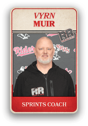 Person wearing a black jacket standing in front of a backdrop with “RR Track & Field" and "Rider RRHS" logos with the text "Vyrn Muir" and "Sprints Coach" displayed above and below the photo. Description generated by AI