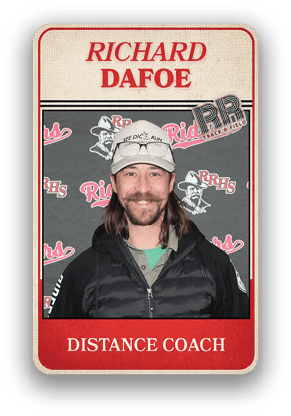 Person wearing a black jacket and a white cap standing in front of a backdrop with repeated logos and text reading “Richard Dafoe Distance Coach." Description generated by AI