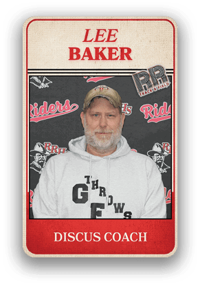 A person wearing a light-colored hoodie with the word “GTHROWS" and a cap is shown on a sports card labeled Lee Baker, Discus Coach, with a background featuring the words "Riders" and "RR Track & Field." Description generated by AI