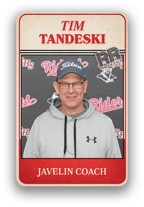 A person wearing a gray hoodie and a navy blue Titleist cap is shown on a sports card labeled Tim Tandeski Javelin Coach with a background featuring the words Rider and RHHS. Description generated by AI