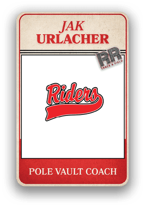 A vintage-style sports card featuring Jak Urlacher as a pole vault coach with a red “Riders" logo and a "RR Track & Field" emblem. Description generated by AI