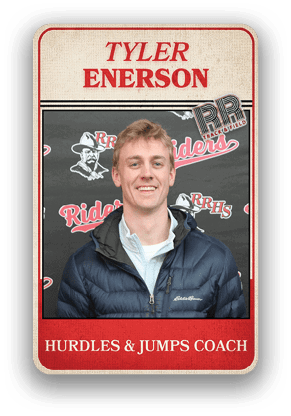 A person wearing a dark blue jacket stands in front of a backdrop with “RR Riders" and "RRHS" logos, with text above and below reading "Tyler Enerson" and "Hurdles & Jumps Coach." Description generated by AI