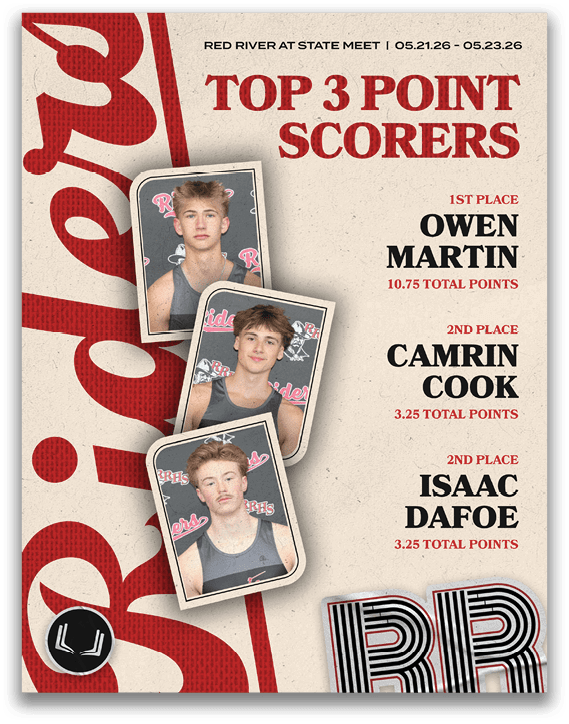 A red and white poster with three men on it. Description generated by AI
