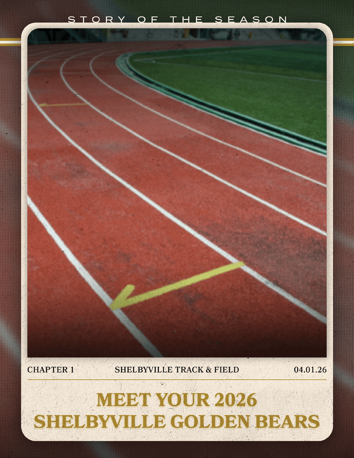A track and field sign with a yellow arrow pointing to the right. Contenido generado con IA