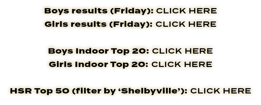 Boys results (Friday): CLICK HERE Girls results (Friday): CLICK HERE Boys Indoor Top 20: CLICK HERE Girls Indoor Top ...