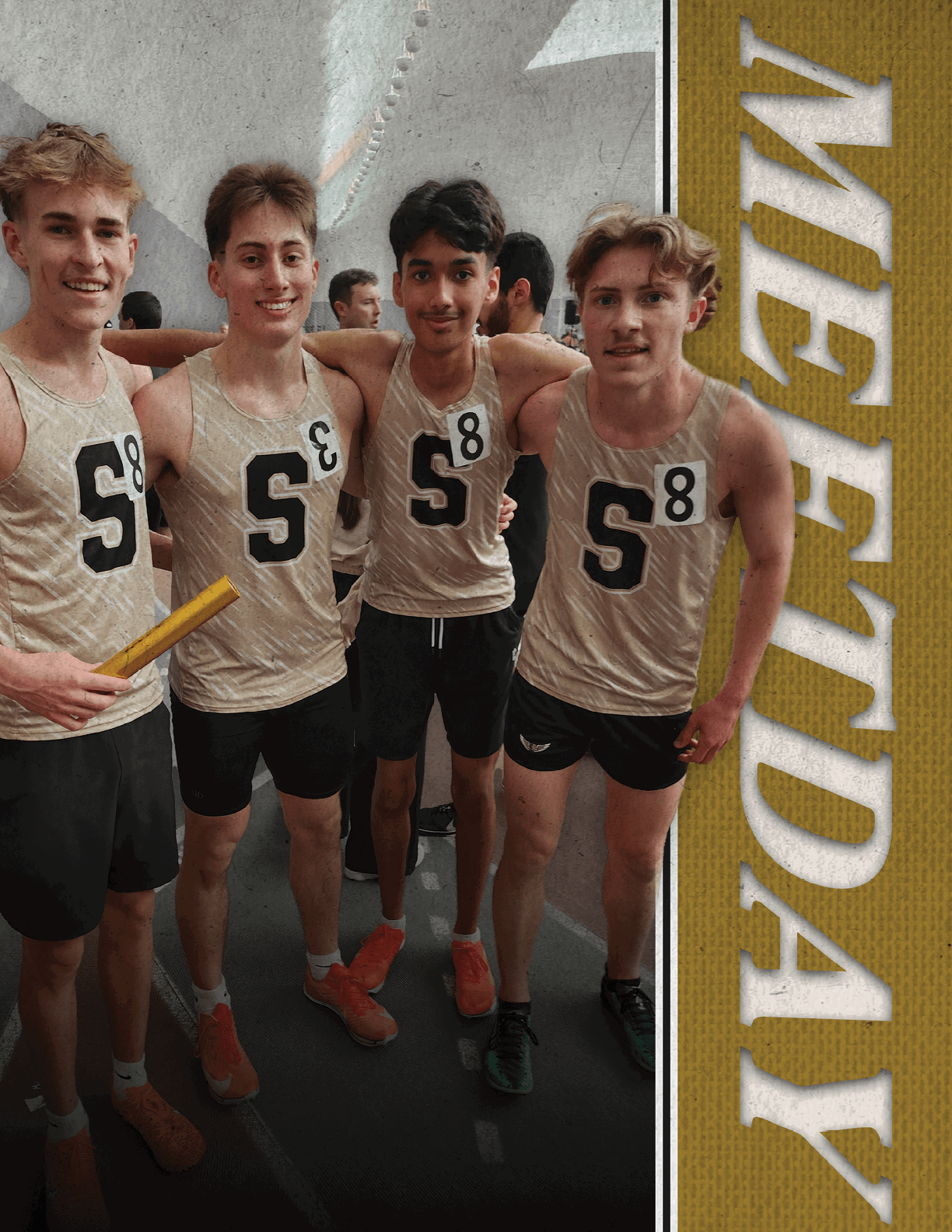 Four young men pose for a picture, holding a baton. They are wearing athletic clothing and are standing in front of a crowd. Contenido generado con IA