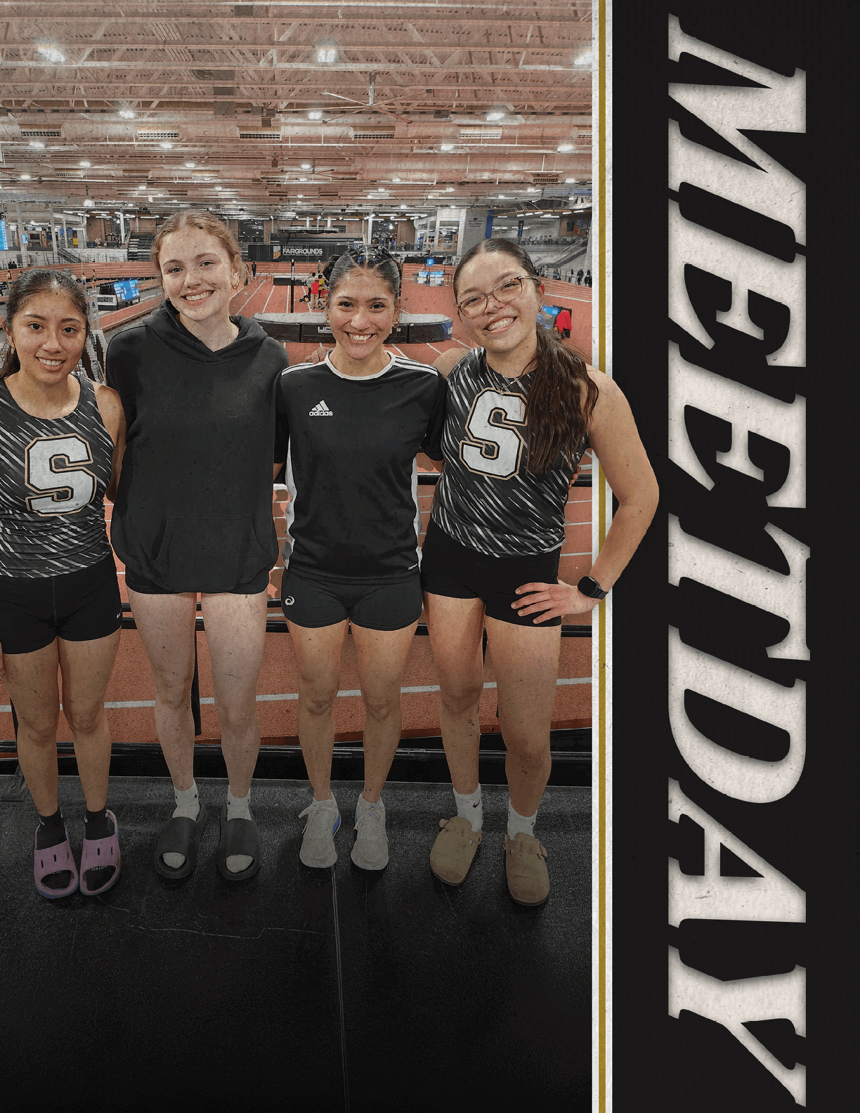 Four women wearing athletic clothing pose for a picture. Contenido generado con IA