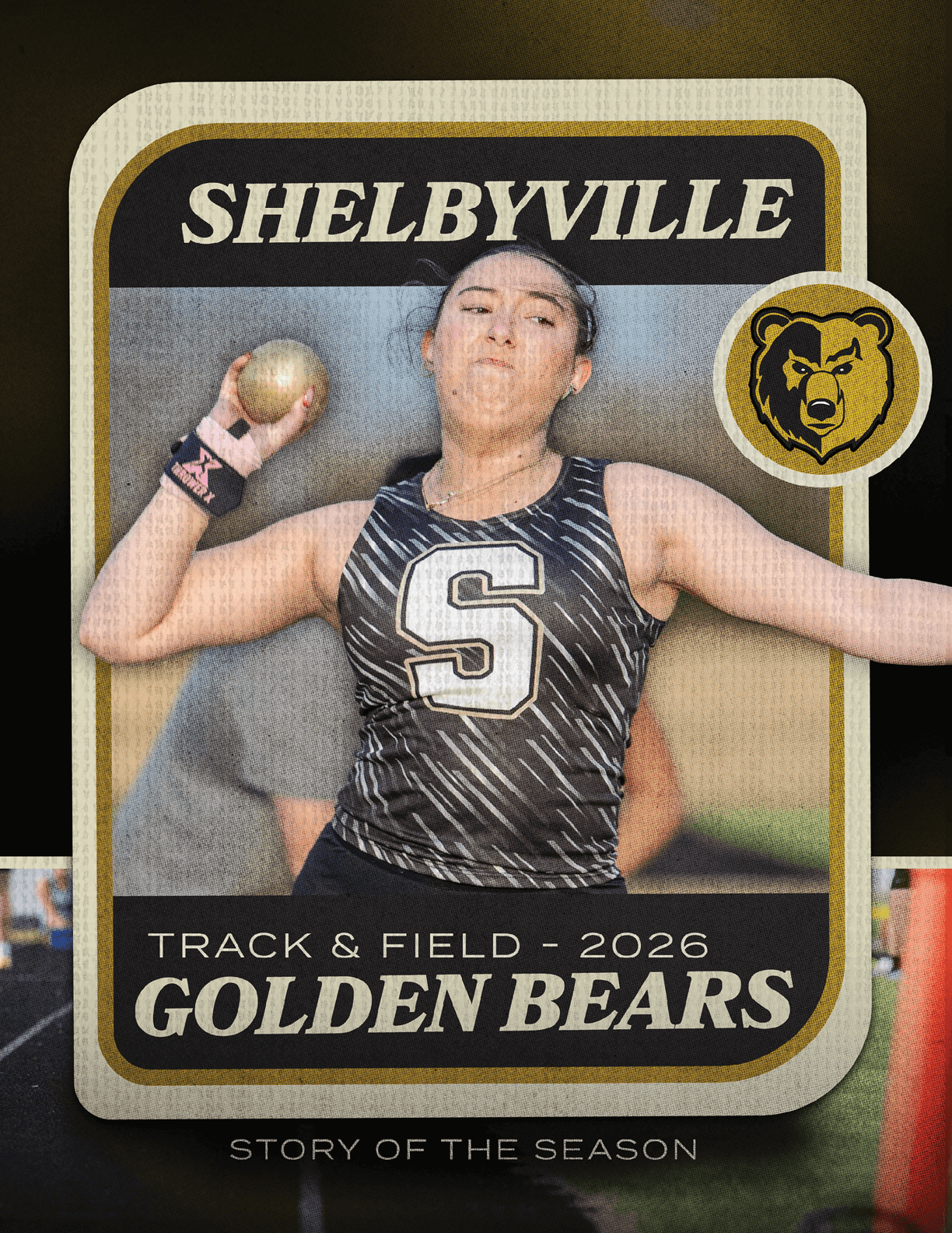 A female athlete wearing a black and white uniform is holding a gold ball. Contenido generado con IA
