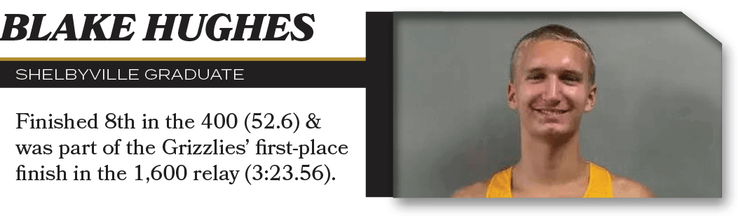 Blake Hughes,ShelbyVILLE graduate,Finished 8th in the 400 (52.6) & was part of the Grizzlies’ first place finish in t...