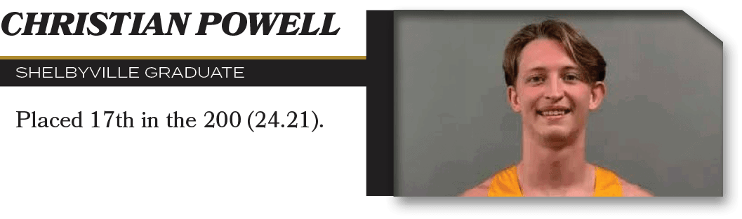 Christian Powell,ShelbyVILLE graduate,Placed 17th in the 200 (24.21)
