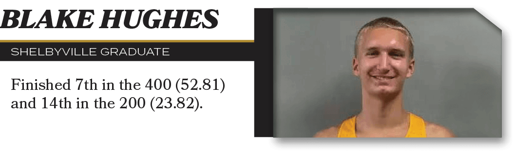 Blake Hughes,ShelbyVILLE graduate,Finished 7th in the 400 (52.81) and 14th in the 200 (23.82)