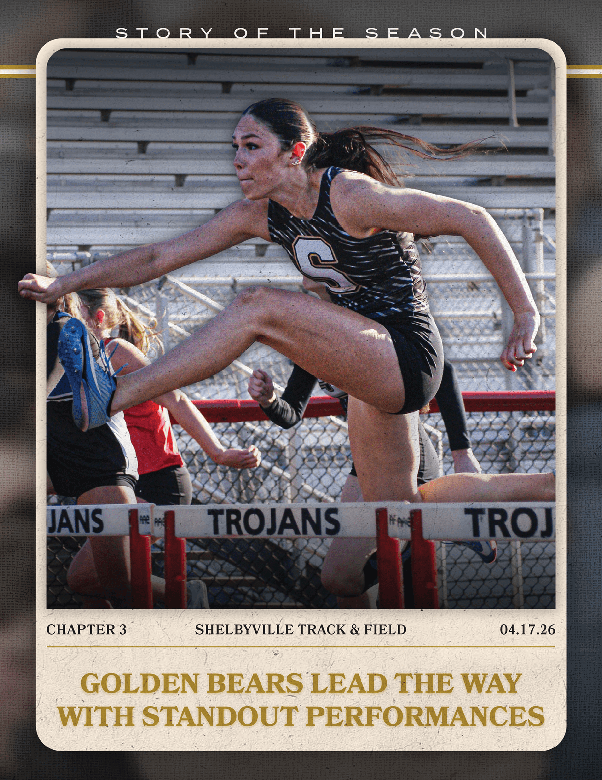 A female athlete is shown jumping over a hurdle, wearing a black and white uniform. Contenido generado con IA