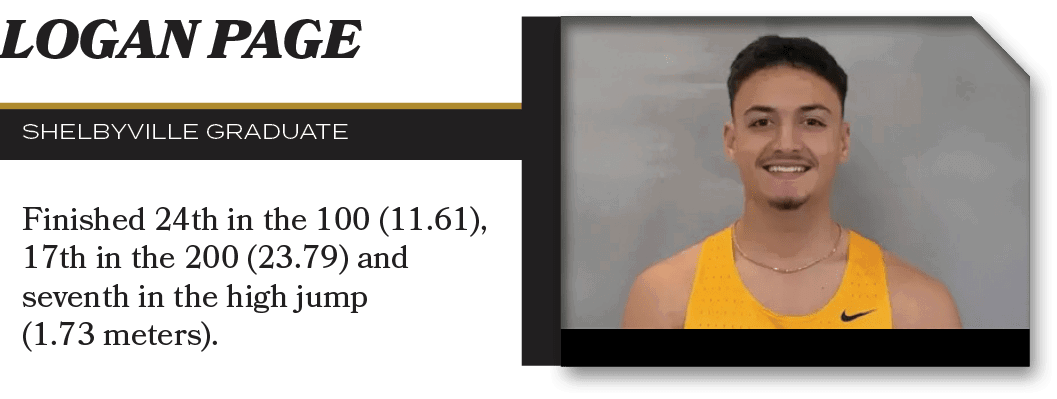 LOGAN Page,ShelbyVILLE graduate,Finished 24th in the 100 (11.61), 17th in the 200 (23.79) and seventh in the high jum...