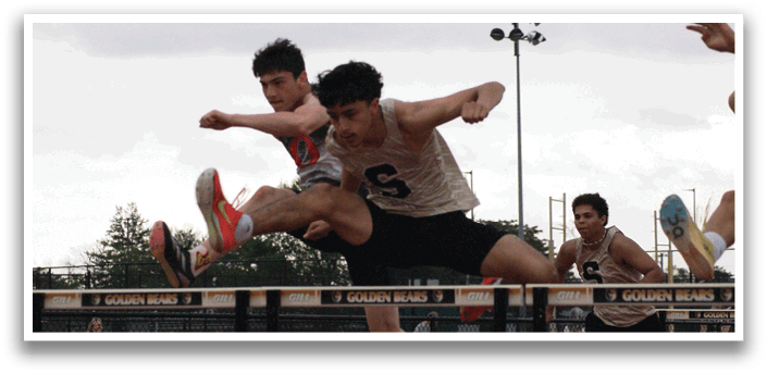 Three men are jumping over a barrier in a track competition. Contenido generado con IA