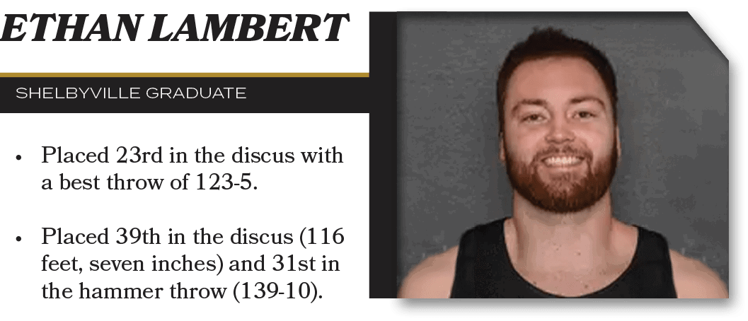 ethan Lambert,ShelbyVILLE graduate,• Placed 23rd in the discus with a best throw of 123 5. • Placed 39th in the discu...