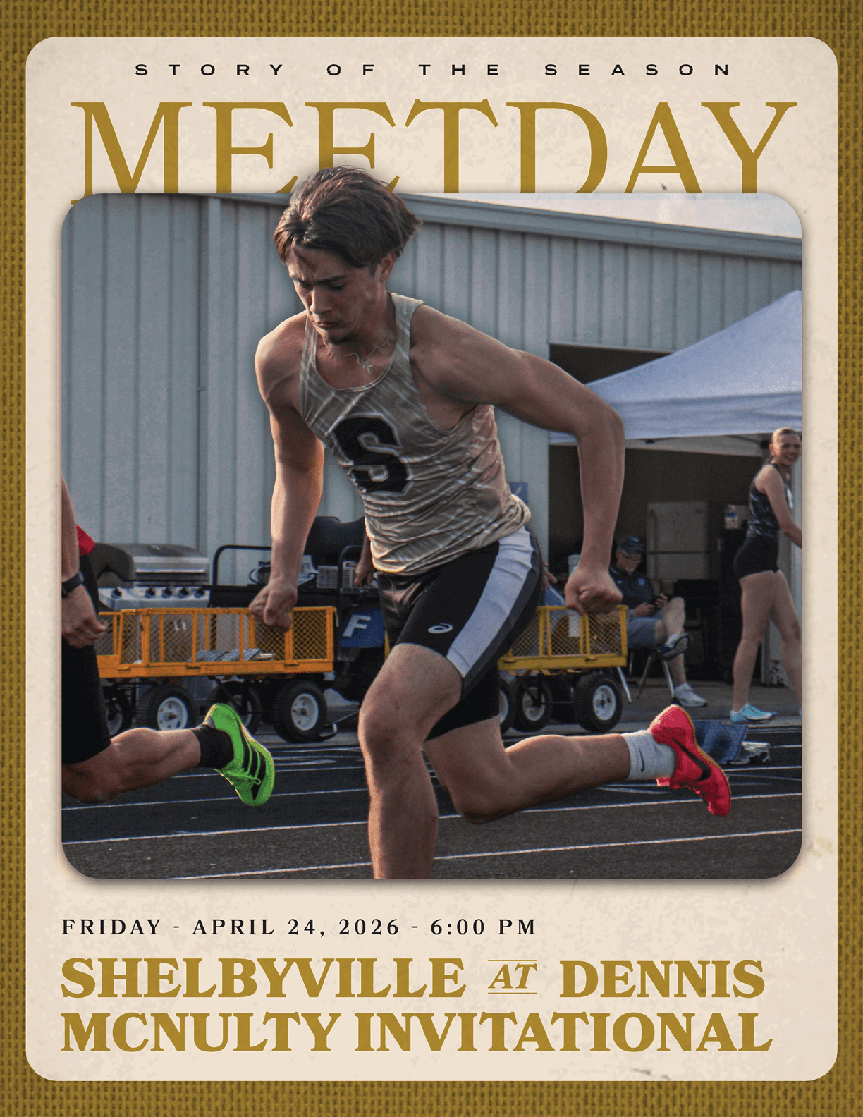 A runner in a gold and black uniform is shown on a poster for a meet. Contenido generado con IA
