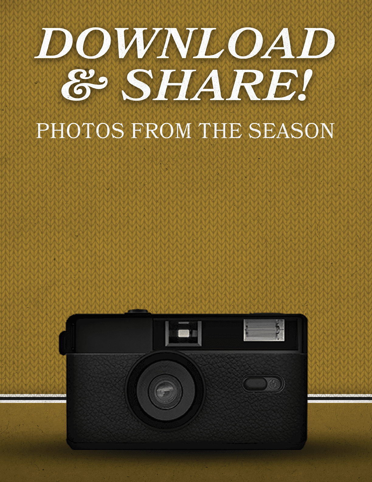A black and white photo of a camera is displayed on a yellow background. Contenido generado con IA