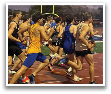A group of men are running on a track, wearing blue and yellow uniforms. Contenido generado con IA