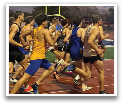 A group of men are running on a track, wearing blue and yellow uniforms. Contenido generado con IA