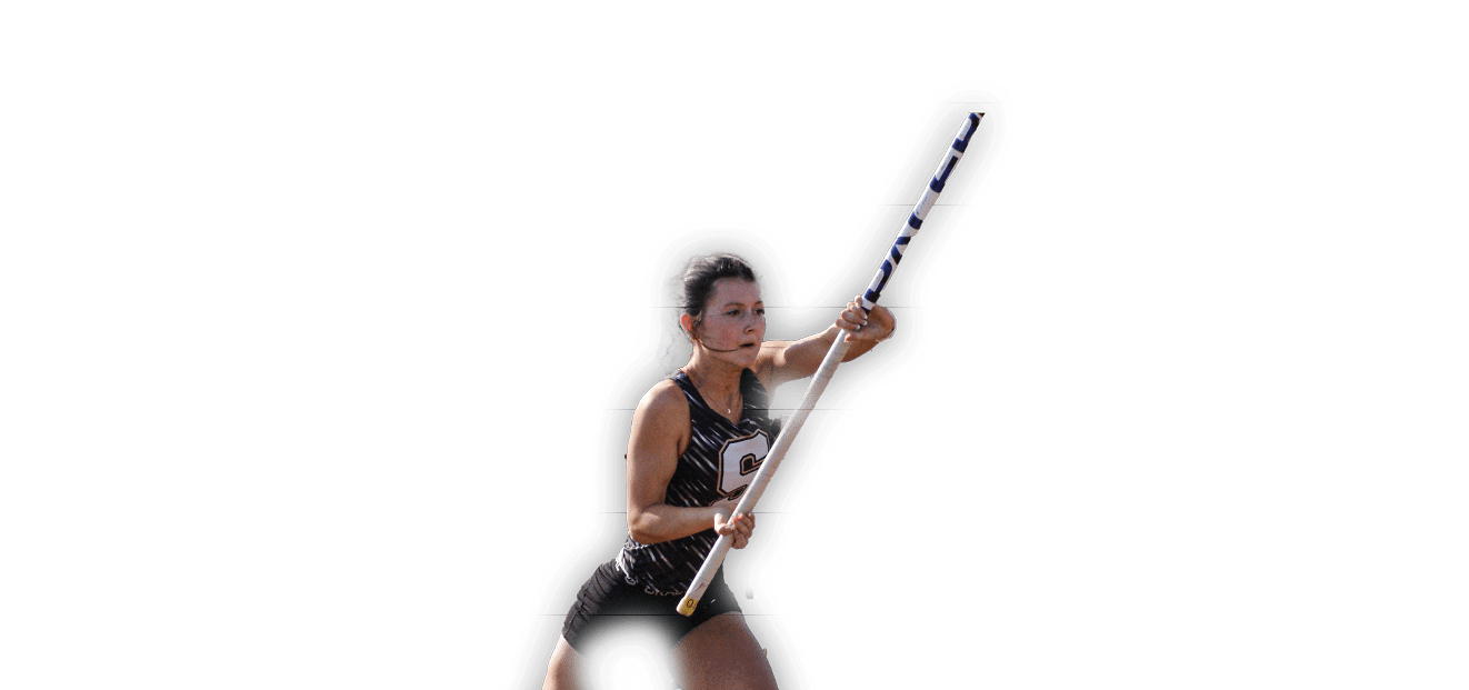 A woman in a black and white photo is holding a pole and appears to be running. Contenido generado con IA