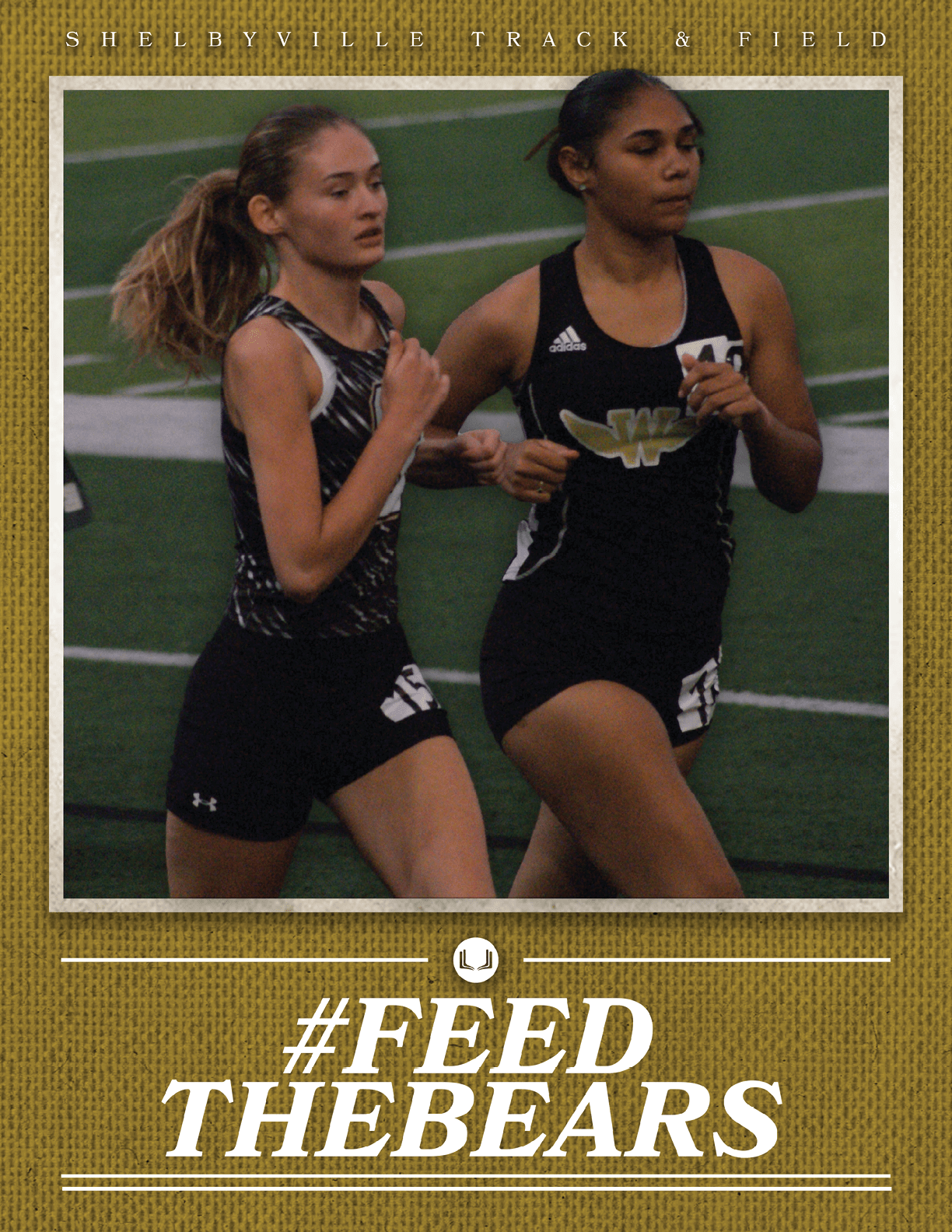 Two female runners in black and white uniforms running on a track. Contenido generado con IA