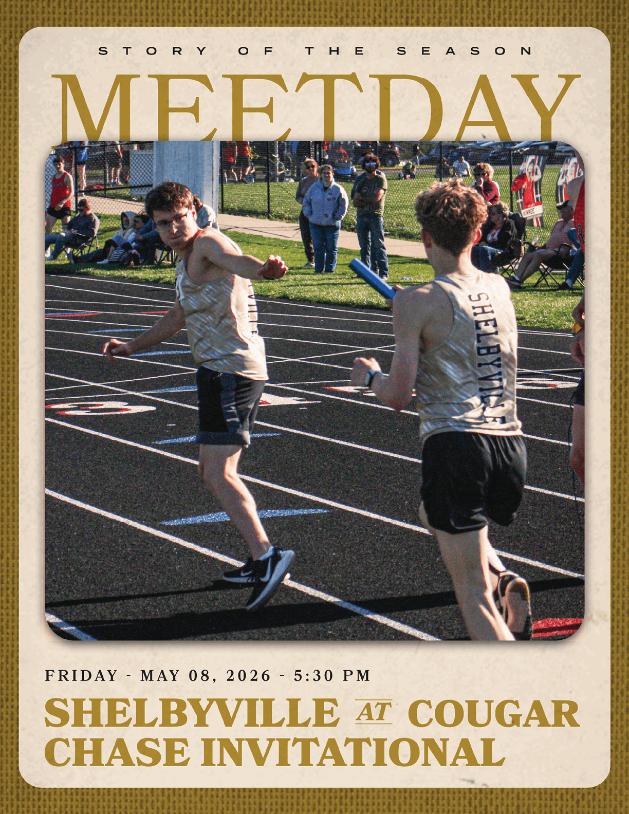 A boy running on a track with a sign that says “Meet Day". Contenido generado con IA