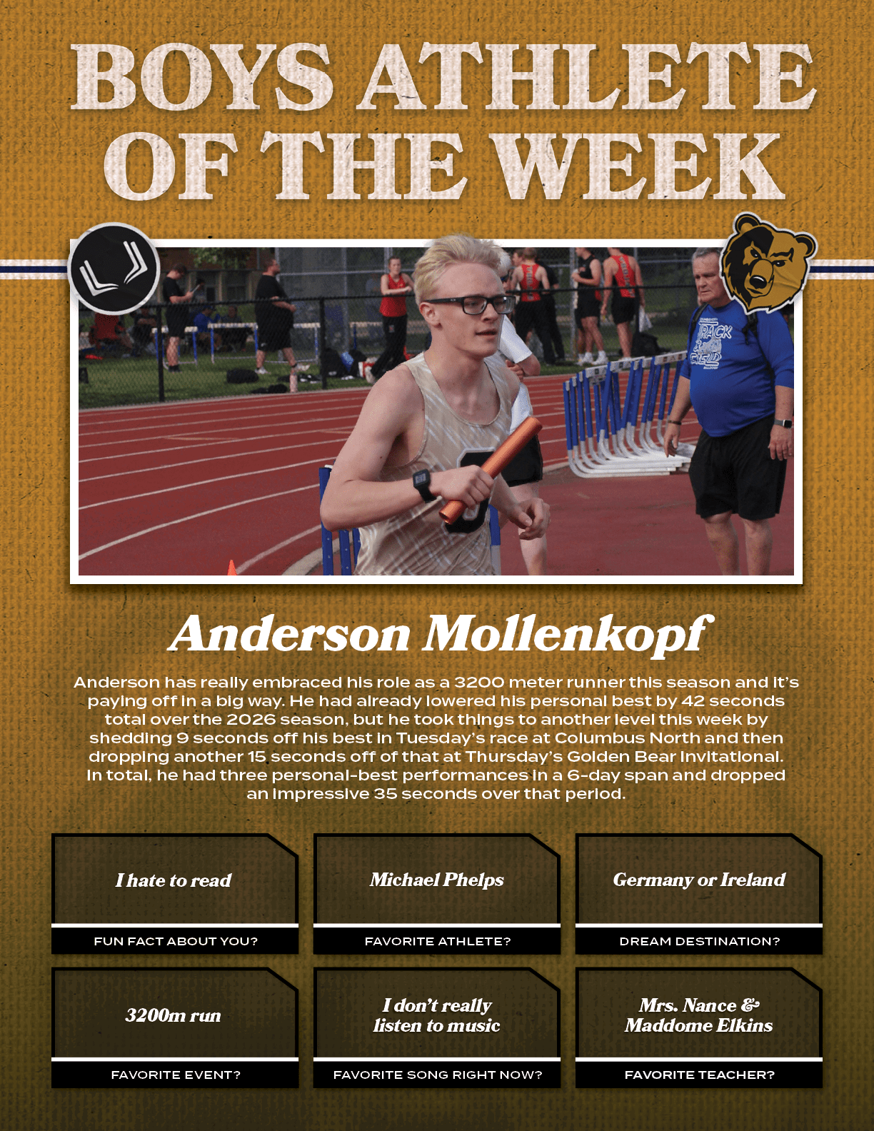Mrs. Nance & Maddome Elkins,I don’t really listen to music,3200m run,Germany or Ireland,Michael Phelps,Anderson Molle...