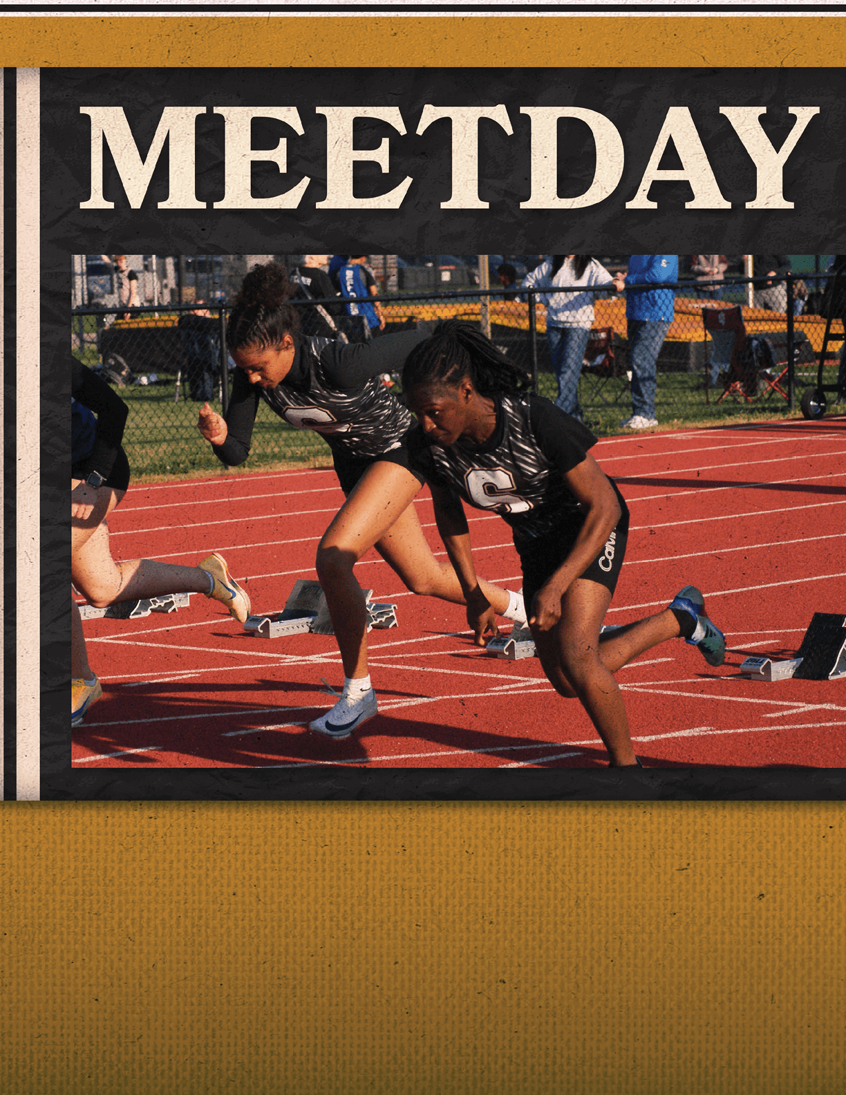 Two girls running on a track, one wearing a black shirt and the other wearing a white shirt. Contenido generado con IA