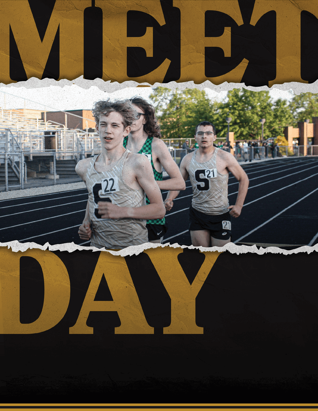 Two male runners are on a track, one wearing a number 22 shirt and the other wearing a number 50 shirt. Contenido generado con IA