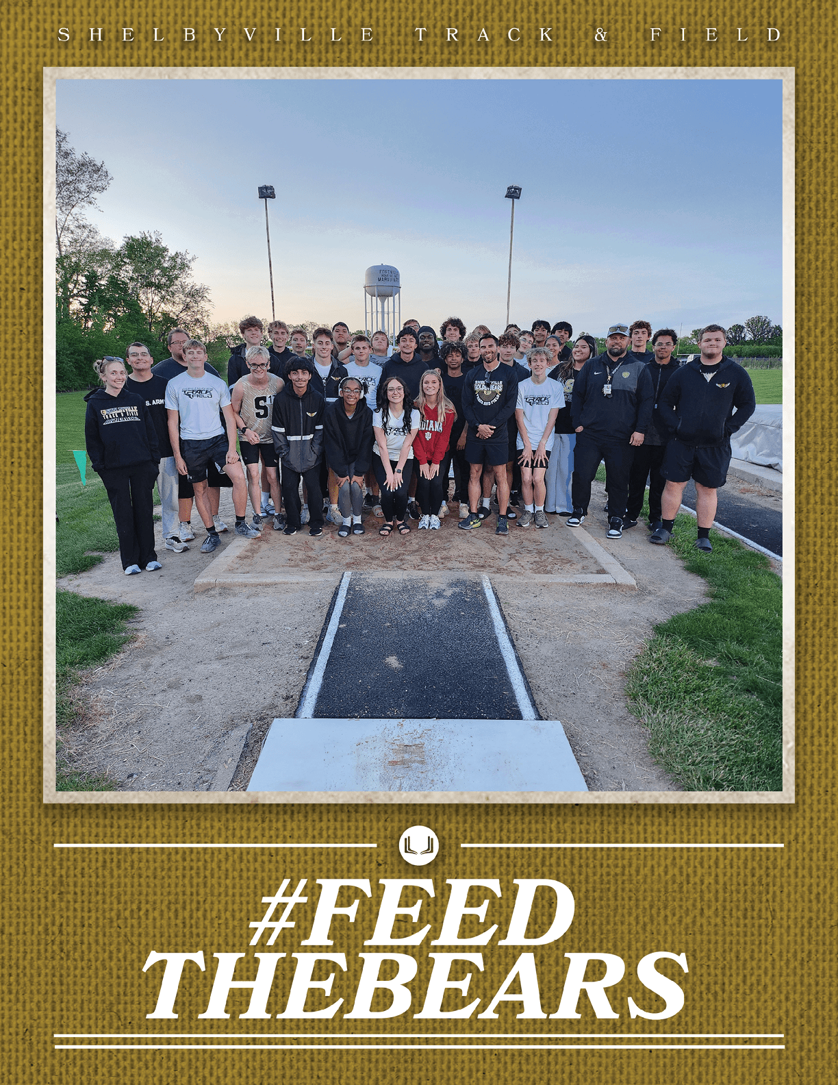 A group of people posing for a photo in front of a track. Contenido generado con IA