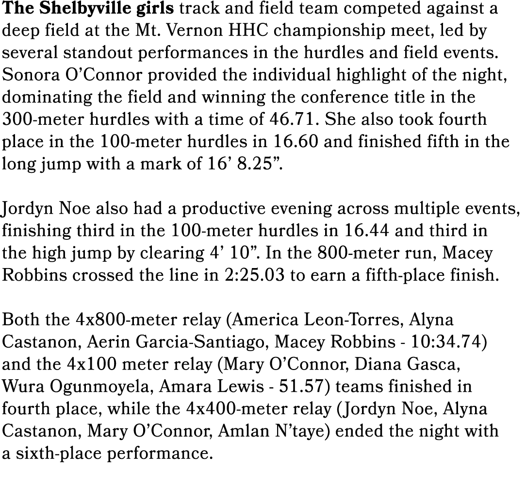 The Shelbyville girls track and field team competed against a deep field at the Mt. Vernon HHC championship meet, led...