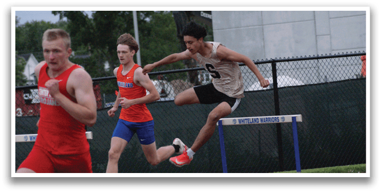 Two men are running on a track, one of them is jumping over a hurdle. Contenido generado con IA